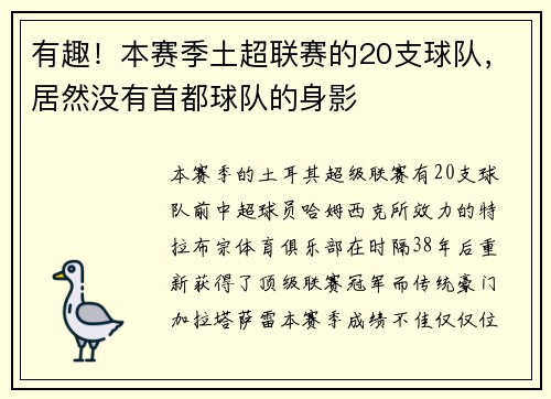 有趣！本赛季土超联赛的20支球队，居然没有首都球队的身影