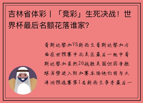 吉林省体彩丨「竞彩」生死决战！世界杯最后名额花落谁家？