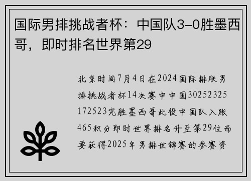 国际男排挑战者杯：中国队3-0胜墨西哥，即时排名世界第29