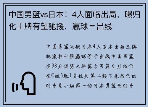 中国男篮vs日本！4人面临出局，曝归化王牌有望驰援，赢球＝出线